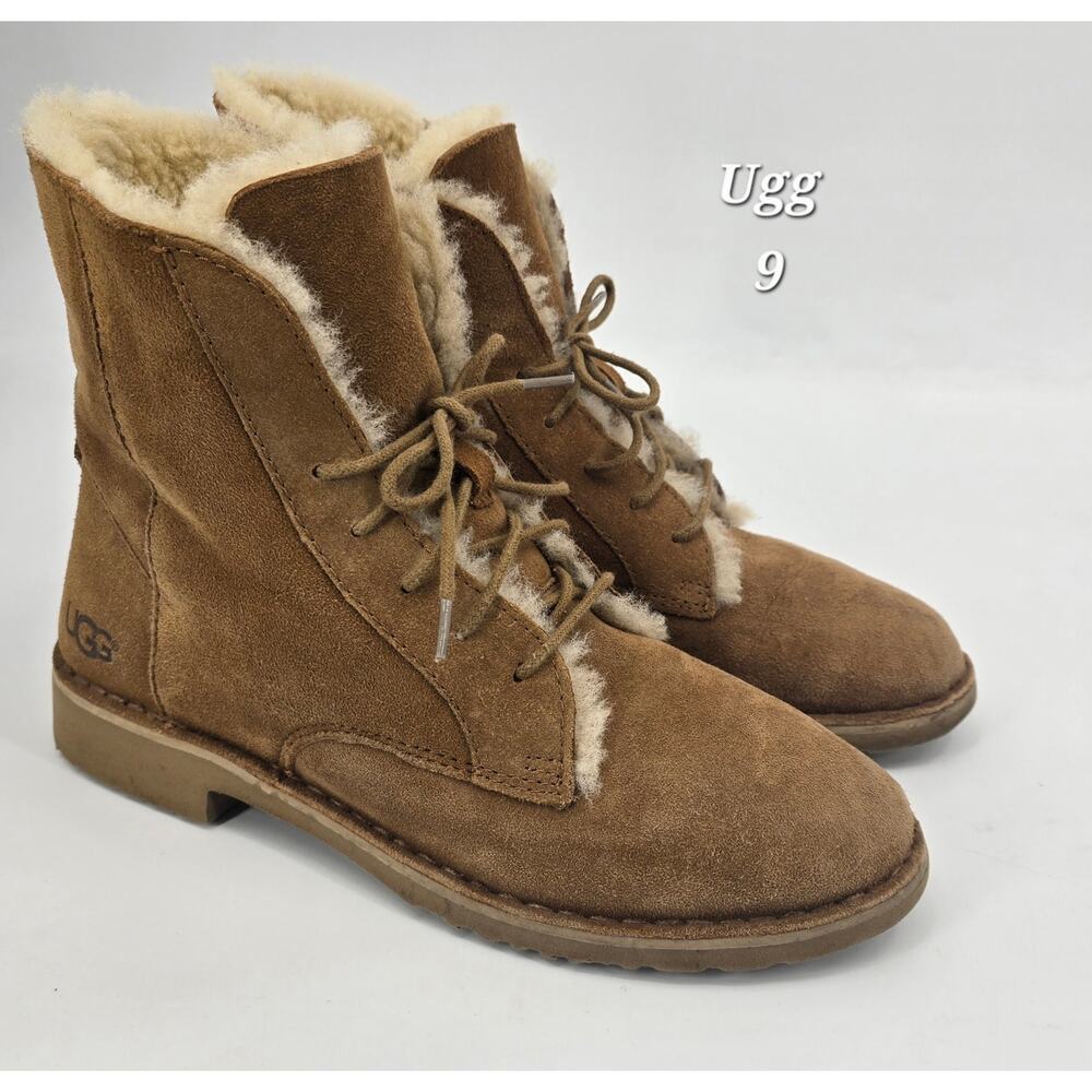 UGG‎ Quincy Suede Shearling Lace-Up Boots – Size 9 – Chestnut Tan – Women’s